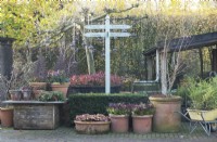 Collection of Italian Tuscan pottery pots displayed under signpost in a plant nursery.