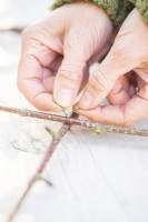 Woman tying the sticks together with wire