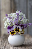 Pink Spanish Bluebells, Cow parsley and Pansy flowers in a small ceramic vase.