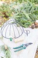 Hanging basket, pruning scissors, secateurs, string, wire, pine cones, pine sprigs, and a coconut bird feeder laid out on a table