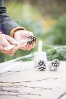 Woman painting pine cones white