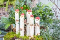 Birch stick Santas standing in moss, surrounded by foliage