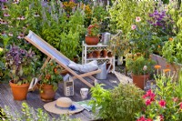 Decked patio with deck chair and pot grown herbs, vegetables and flower surrounded with herbaceous flowerbed.