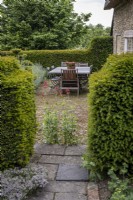 Gap in yew hedging with Centranthus ruber, Valerian, leading into stone paved terrace with dining area