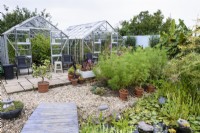 Greenhouses in a garden in August