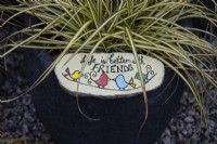 A pot planted with an ornamental grass is brightened up further with a hand painted stone that reads, 'Life is better with friends'. A fun activity to do with children.