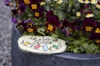 A pot planted with violas is brightened up further with a hand painted stone that reads, 'Life is better with friends'. A fun activity to do with children.