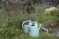Two old plastic watering cans sit beside a pond with an old bench and chair in the background. Derrydown. NGS garden. July. Summer. 