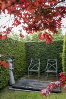 Yew hedging surrounds Angel sculpture made of yew wood by John Aulman in secret garden.  Two elegant metal chairs are formally arranged beside it. Acer palmatum 'Atropurpureum' in foreground
