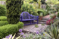 Purple garden bench on brick pathway in urban garden, with box hedging and yew topiary