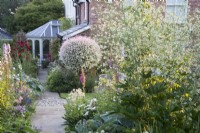 Looking down a garden path and perennial borders towards a house. Crambe cordifolia in the foreground.