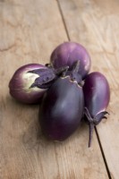 Aubergine 'Czech Early' on a wooden table
