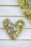 Small moss and snowdrop heart hanging on a wooden wall