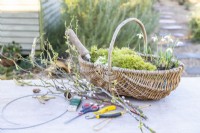 Hazel twigs, Pussy willow twigs, pine cones, Snowdrops, Mossy saxifrage, moss, string, thin and thick wire, scissors and pliers laid out on a wooden surface