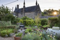 Town garden at dawn in June with historic building as a backdrop