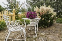 Flagstone patio with Petunia x hybrida 'Purple Wave' flowers in planter on top of white Victorian style table with armchairs, Hydrangea 'Pinky Winky' in front yard country garden in summer, Quebec, Canada - August