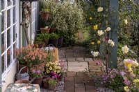 Brick paving and gravel path beneath porch, in summer flower filled garden. Containers of tender plants