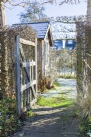 View through opening in internal hedge with rustic oak gate towards small summerhouse in winter. January