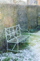 Wrought iron painted garden bench next to hawthorn hedge in winter