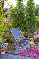 Decked roof terrace with deckchair, container grown herbs and vegetables.