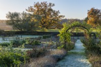 The kitchen garden in late autumn, a path dusted in frost leading down a lavender walk and beneath a vine arch. To the left, vegetable beds, dahlias and apple step-over cordons. In the parkland beyond, dawn sun lights up a great English oak, Quercus robor.