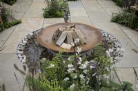 'Woodland Fall' at BBC Gardener's World Live 2021 - fire pit set in shallow pond