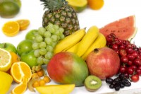 Fruit mix with mango, bananas, oranges, cherries, grapes, apples, summer, June