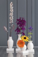 Colourful late summer flowers in bud vases against grey wooden wall - September