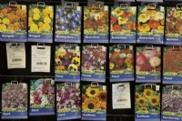 Variety of flower seeds for sale in a garden centre. 