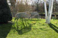 Wire deer statues amongst birch trees in John's Garden at Ashwood Nurseries - Kingswinford - Spring