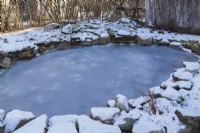 Frozen pond in backyard garden in late autumn - November