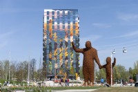 Almere The Netherlands 19th April 2022
Floriade Expo 2022. A ten-yearly botanical garden festival and exhibition, this year taking place in Almere, Flevoland. 
Statue Beehold by Arnhemse artist Florentijn Hofman, two figures holding hands and waving made up of hundreds of bees. 