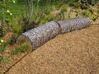 Europarcs Garden Floriade Expo 2022 International Horticultural Exhibition Almere Netherlands. All beds and pathways mulch with a varety of nut shells. Log and metal pathway edges with mixed crushed nut shell surfaces
