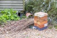 Bricks, secateurs and dried plant stems laid out on the ground