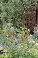 Romantic cottage style garden with decorative metal work willow pattern screen. 