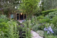 Clay paver path winds through deep planted borders to an oak pavilion with lighting, borders include Iris 'Jane Philips', Baptisia australis, Melianthus major, Euphorbia mellifera -  The RNLI Garden, RHS Chelsea Flower Show 2022 - Gold Medal