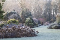 View to summer house with Hydrangea arborescens 'Annabelle', conifers and deciduous trees beyond - November

Foggy Bottom, The Bressingham Gardens, Norfolk, designed by Adrian Bloom