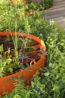 Large orange planter filled with water and aquatic  plants and surrounded by perennials - The St Mungo's Putting Down Roots Garden 