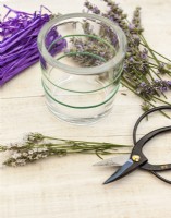 Attaching elastic rubber to glass vase - Step by step How to make a lavender candle holder
