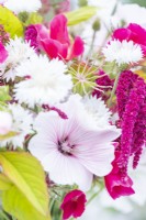 Bouquet containing Lavatera 'Dwarf Pink Blush', Centaurea cyanus 'Ball White' - Cornflower, Amaranthus caudatus 'Love-Lies-Bleeding', Eschscholzia californica 'Carmine King', Centranthus ruber and Nigella seed pods