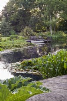 Large natural pond with boat, decking and seating