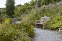 A bench sits amidst prolific cottage style planting beside a gravelled curving path. The Garden House, Yelverton, Devon. Summer. 