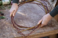 Making a christmas wreath.  Twisting and shaping the willow canes to form a ring shape.