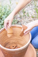 Woman placing crocks in the pot