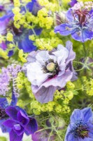 Bouquet containing Nigella 'Miss Jekyll' seed pods, Nigella hispanica, Agrostemma githago - Corn-cockle, Papaver rhoeas 'Amazing Grey', Salvia viridis 'Blue Monday', Alchemilla mollis and Achillea 'Summer Pastels'