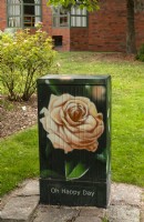 Uetersen Schleswig Holstein Germany. 
Electricity junction box in the Rosarium decorated with a painting of rosa 'Oh Happy Day' to make it blend in better with its surroundings. 