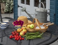 Relaxing area on a paved terrace, summer house, metal chairs and table with garden produce of apples, runner beans and tomatos
