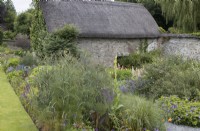 Fennel grows amongst other plants in cottage style planting with an old stone barn behind. The Garden House, Yelverton, Devon. Summer. 
