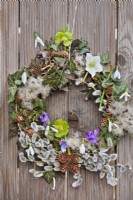 Winter wreath with ivy, helleborus, snowdrops, crocus, pussy willow and cones.