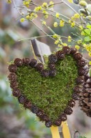 Hanging moss heart decorated with cones.